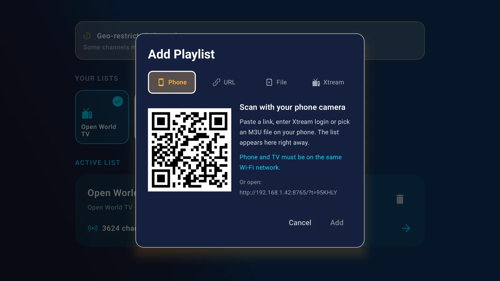 Add Playlist screen on Android TV with a QR code to scan with your phone