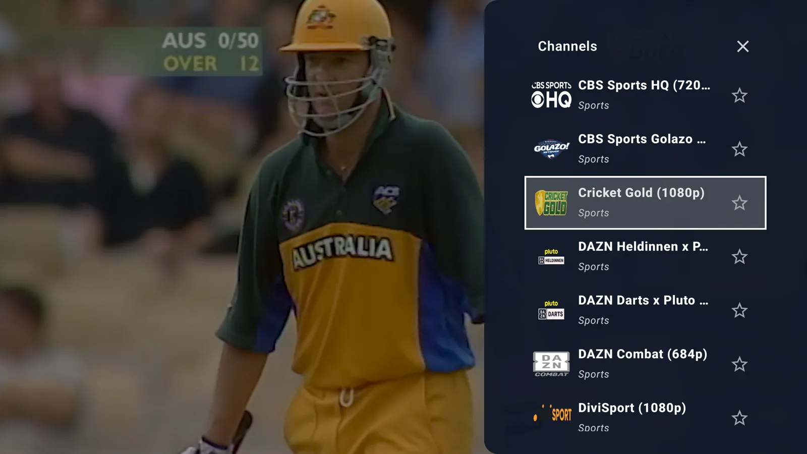Android TV player with the channel list open as a side panel