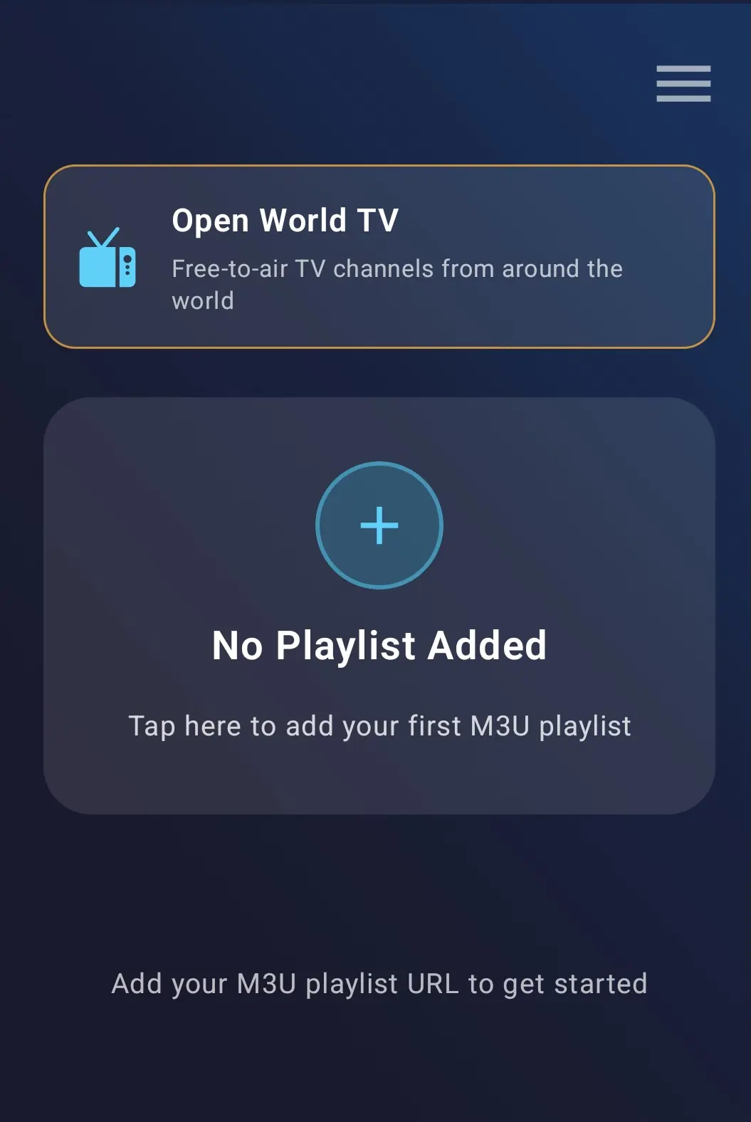 Home screen of the IPTV Player and Live TV app showing the Open World TV tile, free-to-air TV channels from around the world, above an empty playlist card