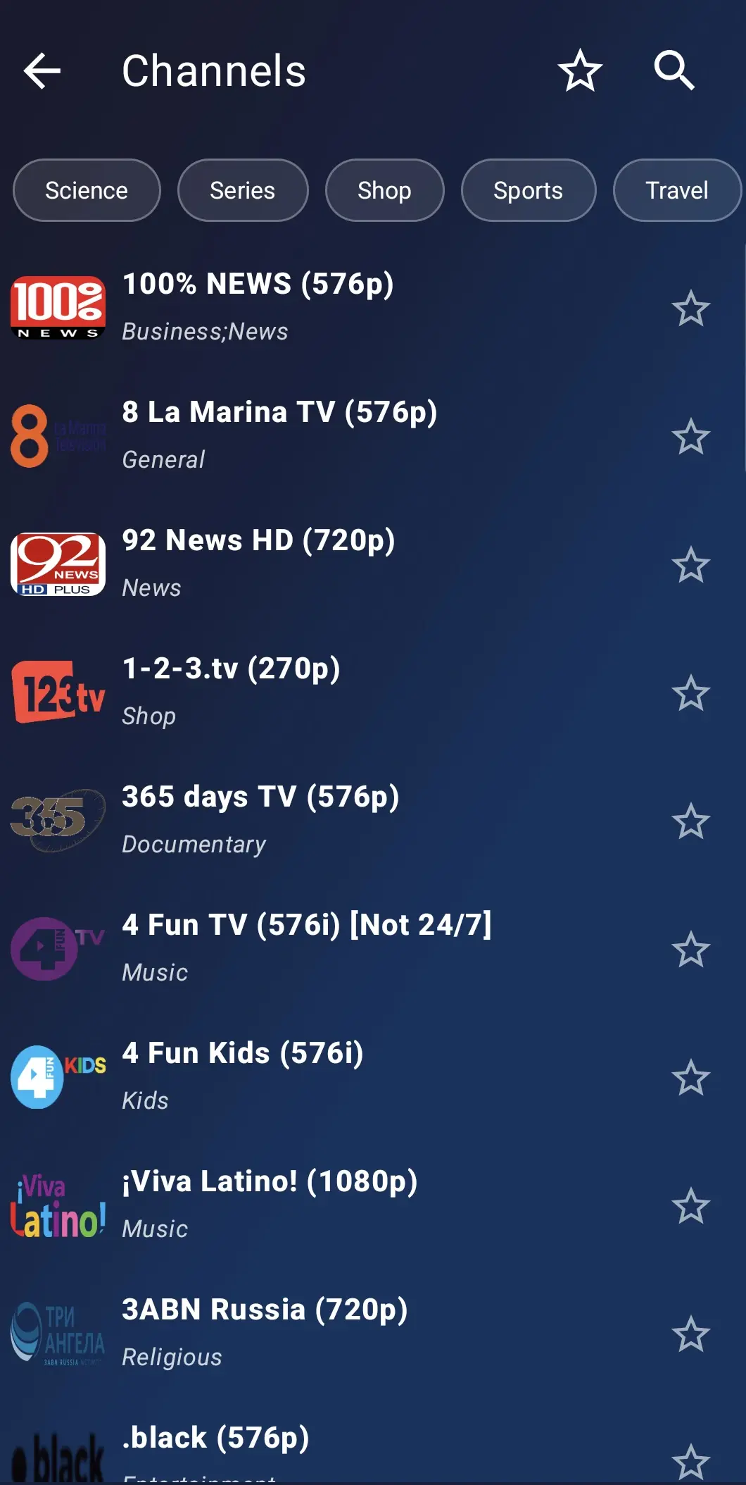 Channels screen in IPTV Player and Live TV with genre filters for Science, Series, Shop, Sports and Travel, listing free news, music and kids channels with resolution labels