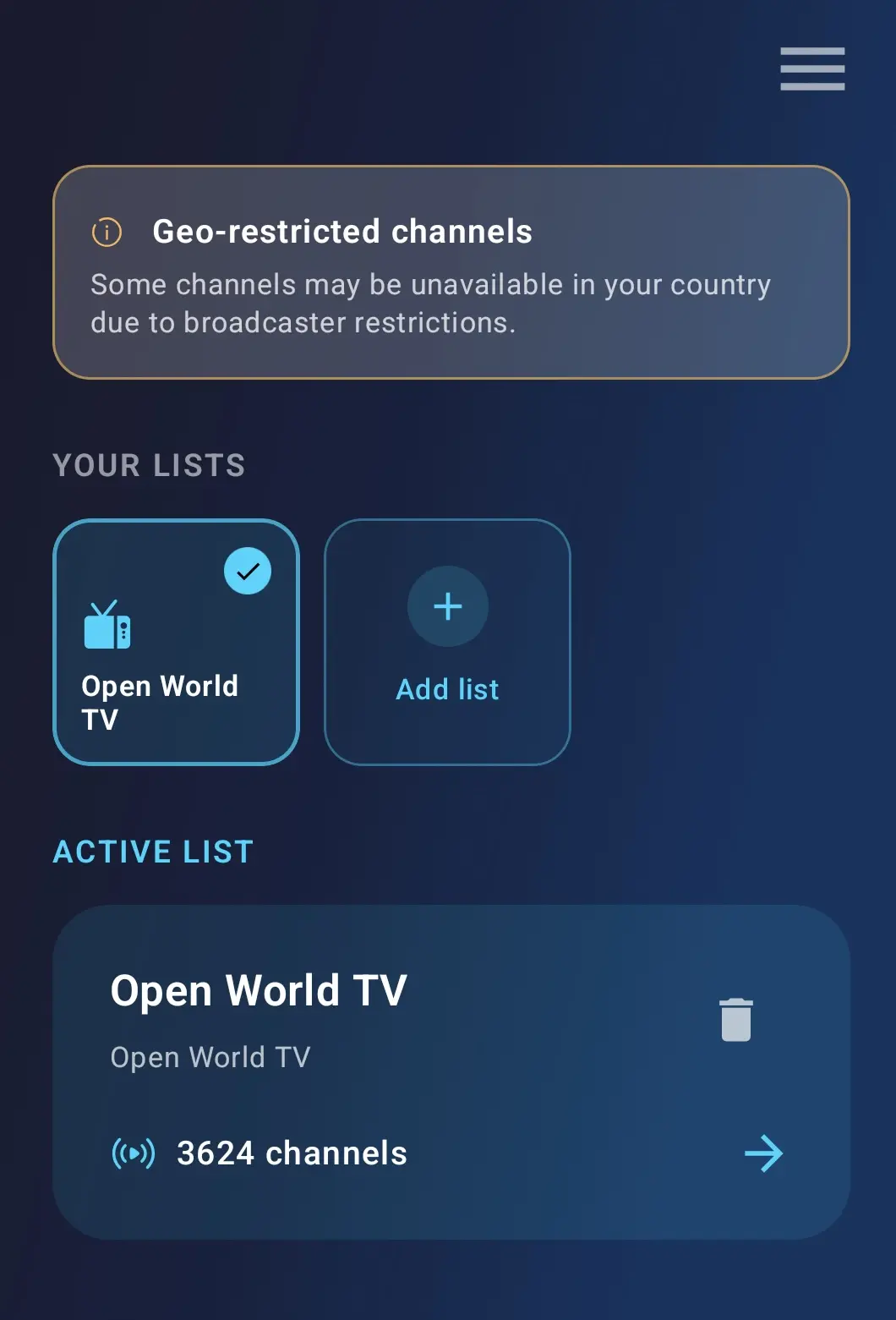 Open World TV loaded as the active list in IPTV Player and Live TV with more than 3,600 free live channels and a geo-restriction notice